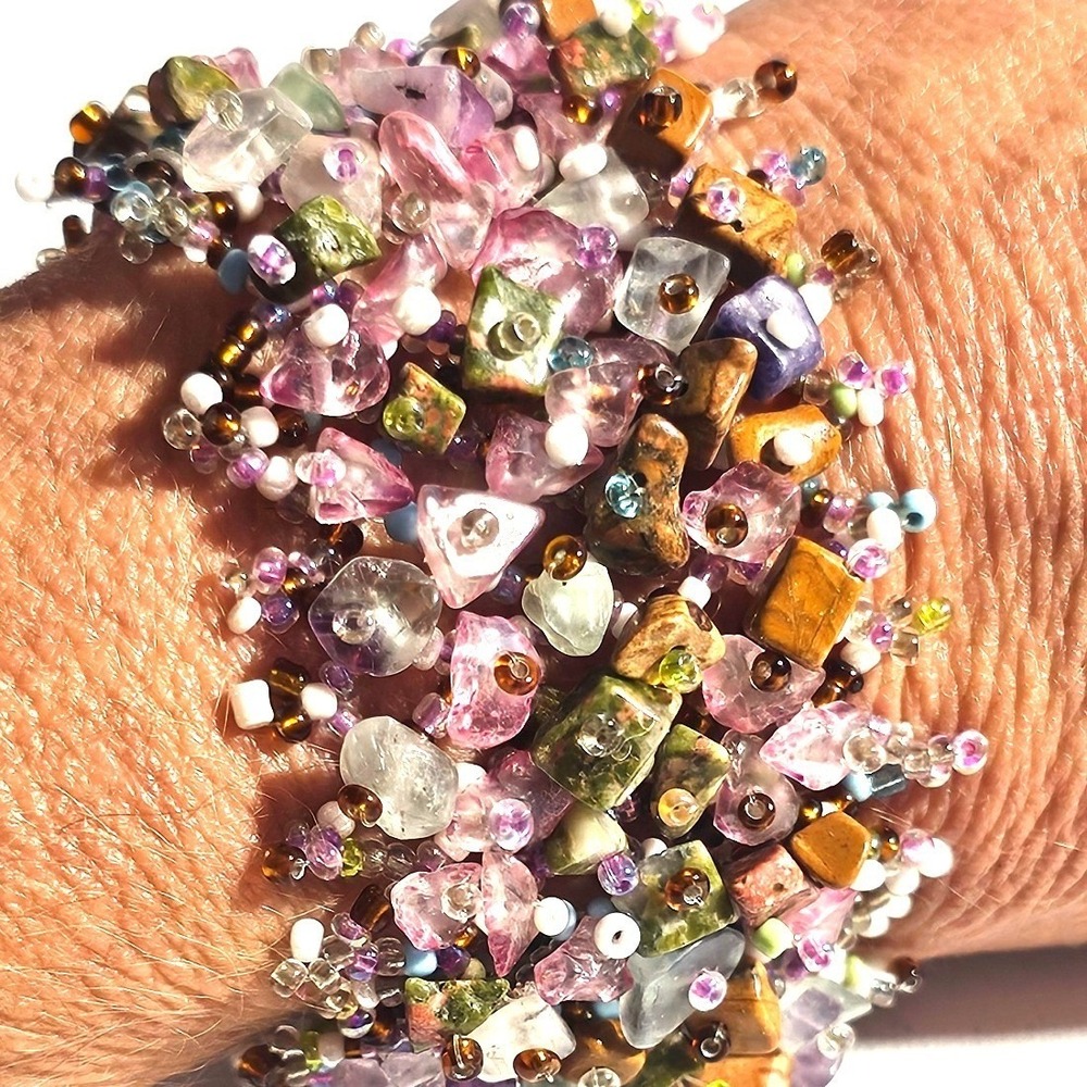 Handmade Gemstone Chip Cluster Cuff Bracelet Beaded Boho Statement Multi Color